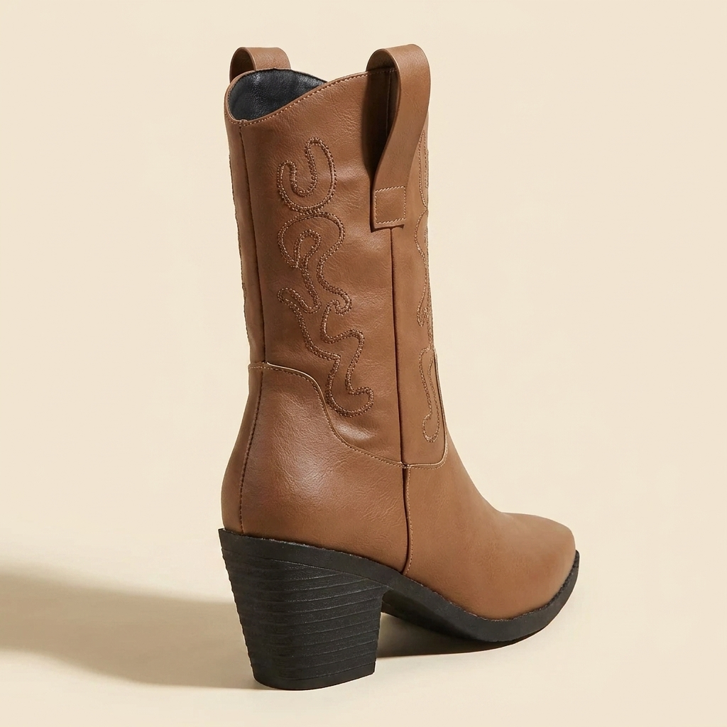 VelouraAvenue Point Toe Block Heels Boots - Tan - Back