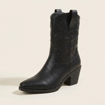 VelouraAvenue Point Toe Block Heels Boots - Black - Single Front