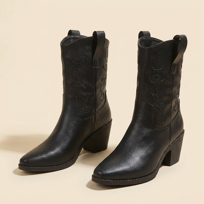 VelouraAvenue Point Toe Block Heels Boots - Black - Front