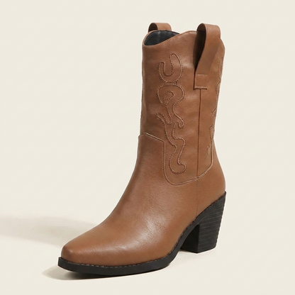 VelouraAvenue Point Toe Block Heels Boots - Tan - Single Front