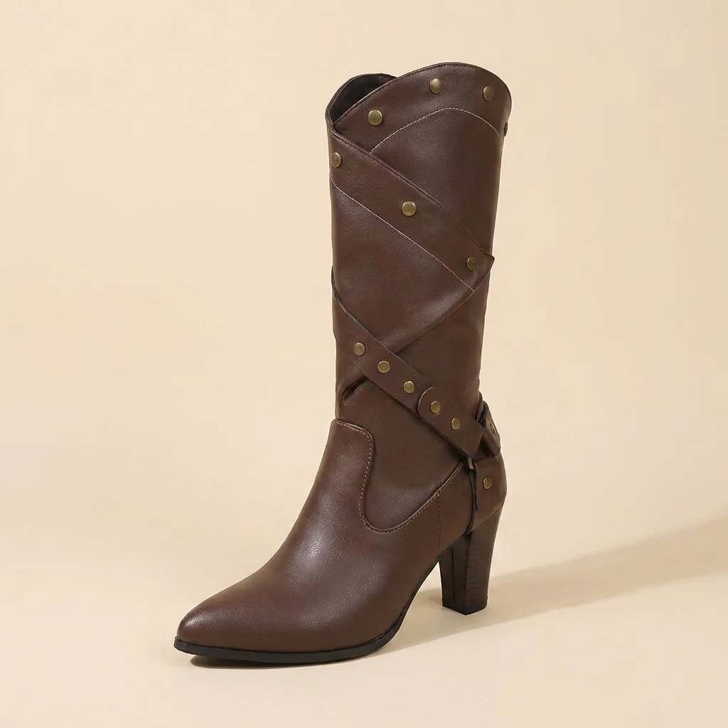 VelouraAvenue Point Toe Block Heels Boots - Brown - Single Front