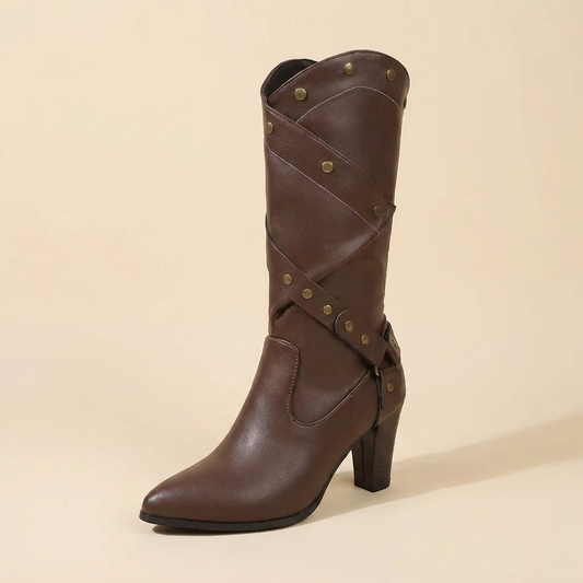 VelouraAvenue Point Toe Block Heels Boots - Brown - Single Front