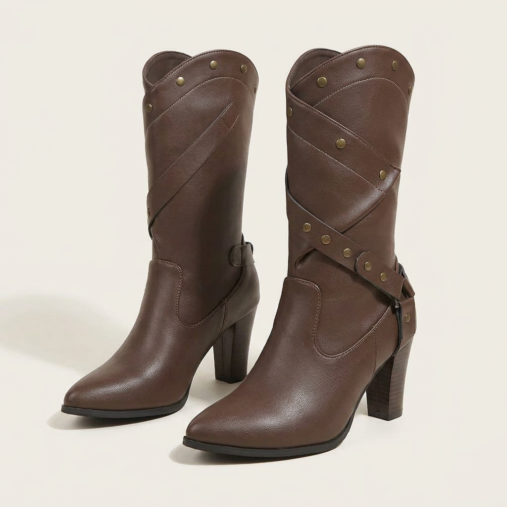 VelouraAvenue Point Toe Block Heels Boots - Brown - Front