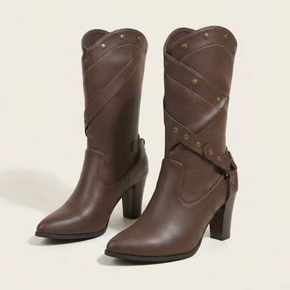 VelouraAvenue Point Toe Block Heels Boots - Brown - Front