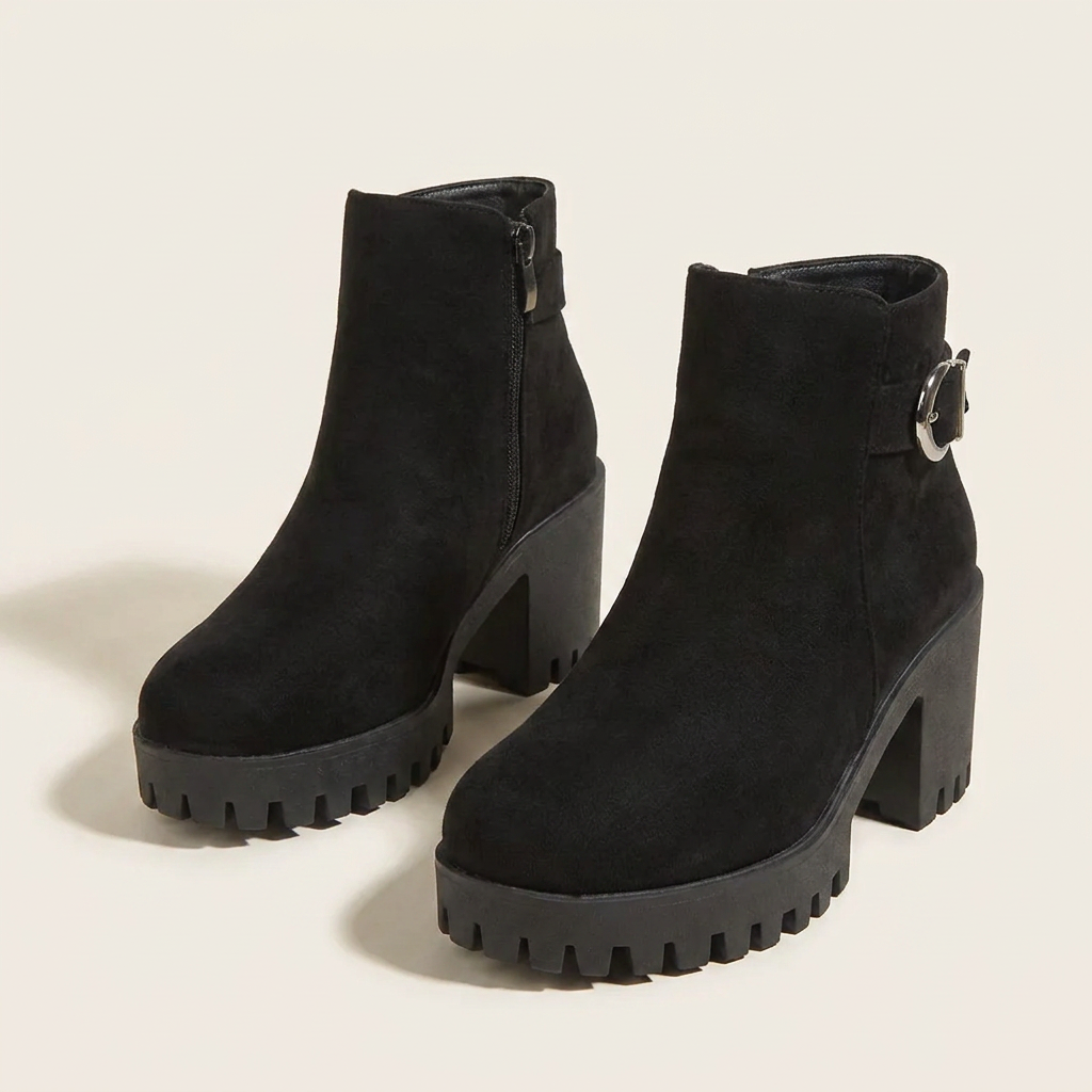 VelouraAvenue Round Toe Block Heels Boots - Black - Front