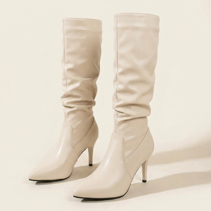 VelouraAvenue Point Toe Stiletto Boots - Off White - Front