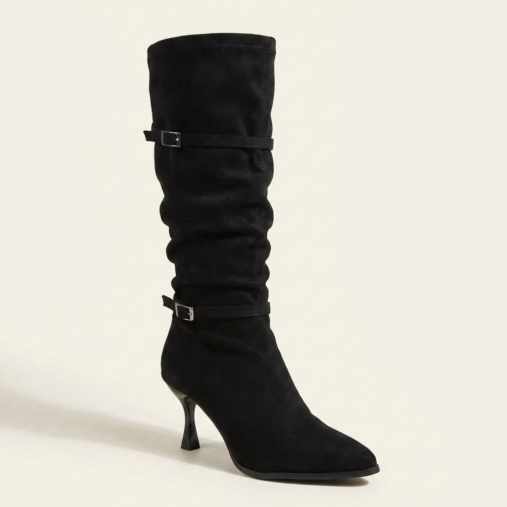 VelouraAvenue Point Toe Kitten Heels Boots - Black - Single Front