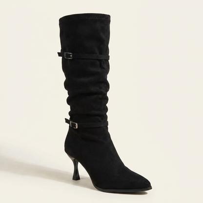 VelouraAvenue Point Toe Kitten Heels Boots - Black - Single Front