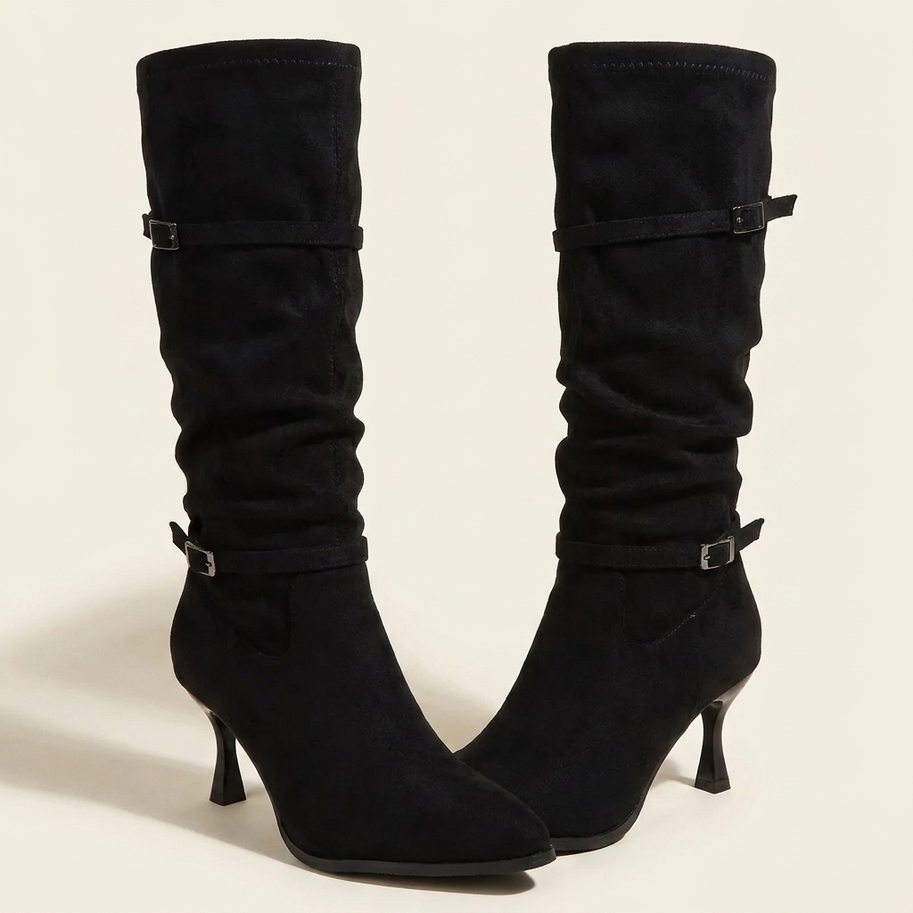 VelouraAvenue Point Toe Kitten Heels Boots - Black - Front