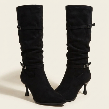 VelouraAvenue Point Toe Kitten Heels Boots - Black - Front