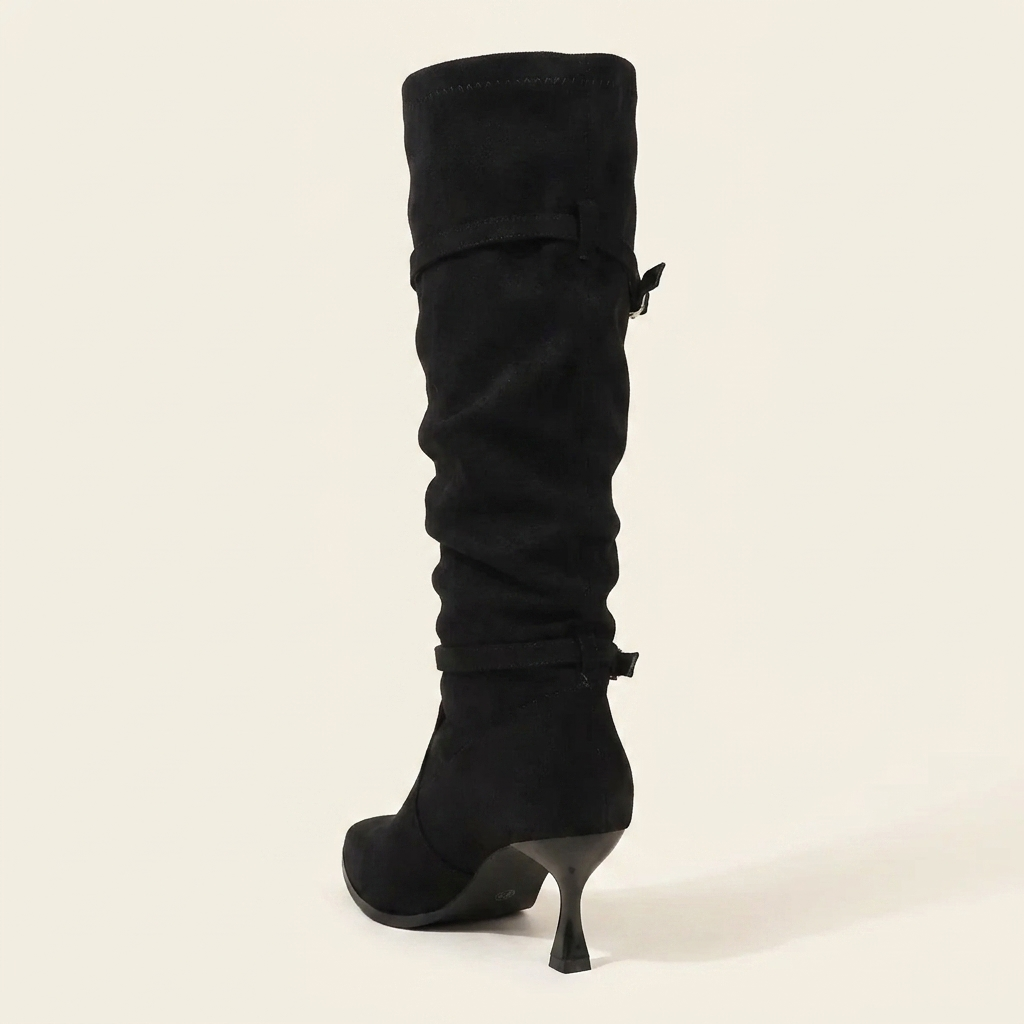 VelouraAvenue Point Toe Kitten Heels Boots - Black - Back