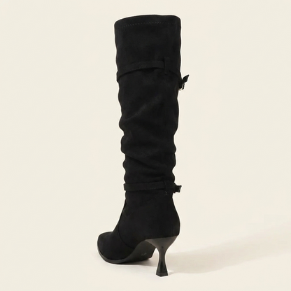 VelouraAvenue Point Toe Kitten Heels Boots - Black - Back