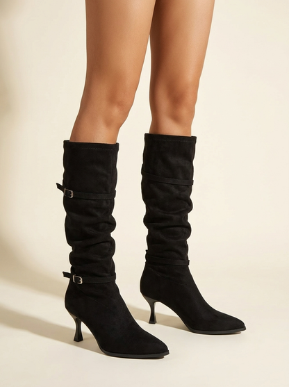 VelouraAvenue Point Toe Kitten Heels Boots - Black - Model