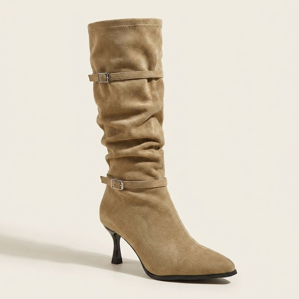 VelouraAvenue Point Toe Kitten Heels Boots - Khaki - Single Front