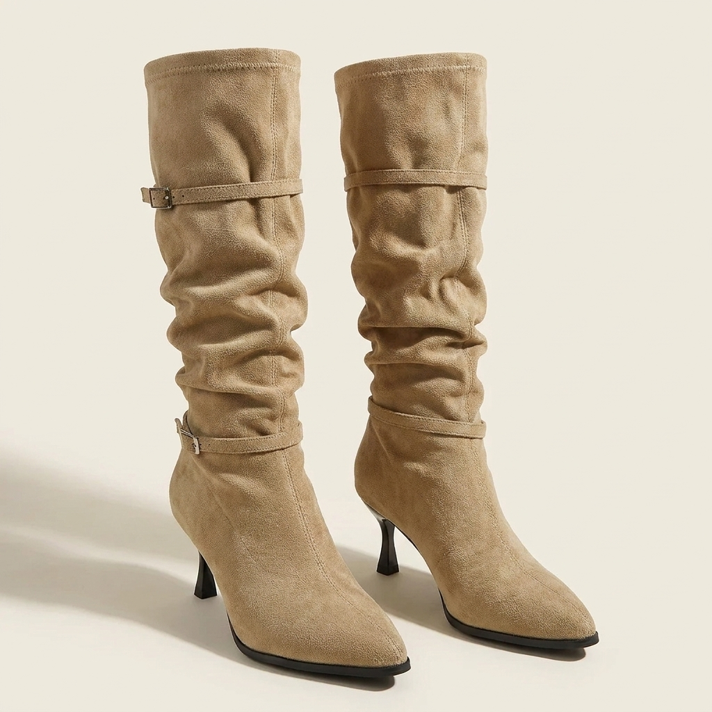 VelouraAvenue Point Toe Kitten Heels Boots - Khaki - Front
