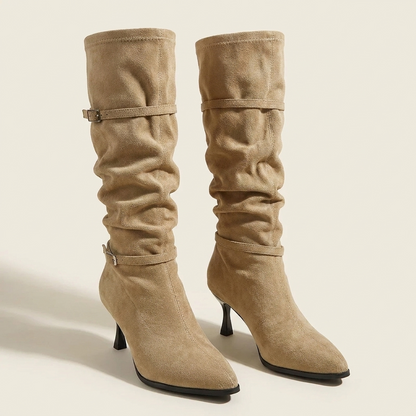 VelouraAvenue Point Toe Kitten Heels Boots - Khaki - Front