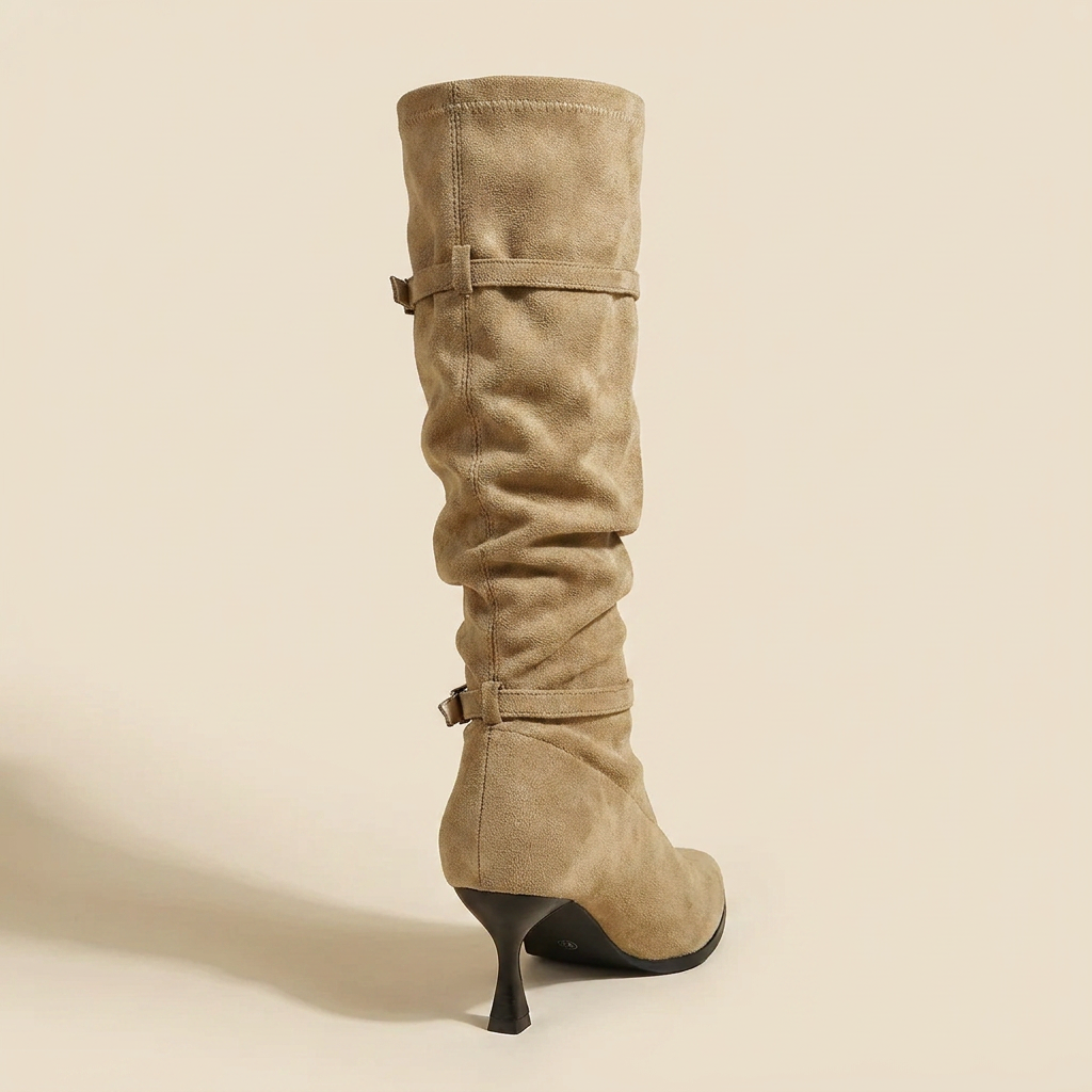 VelouraAvenue Point Toe Kitten Heels Boots - Khaki - Back