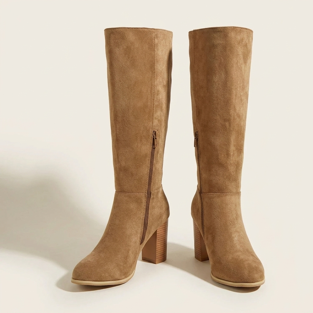 VelouraAvenue Point Toe Block Heels Boots - Khaki - Front