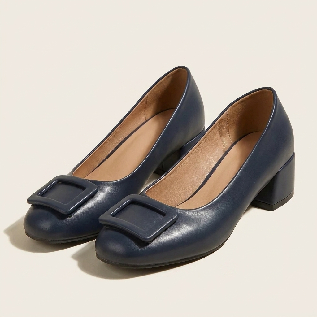 VelouraAvenue Buckle Block Heel Pumps - Dark Blue - Front