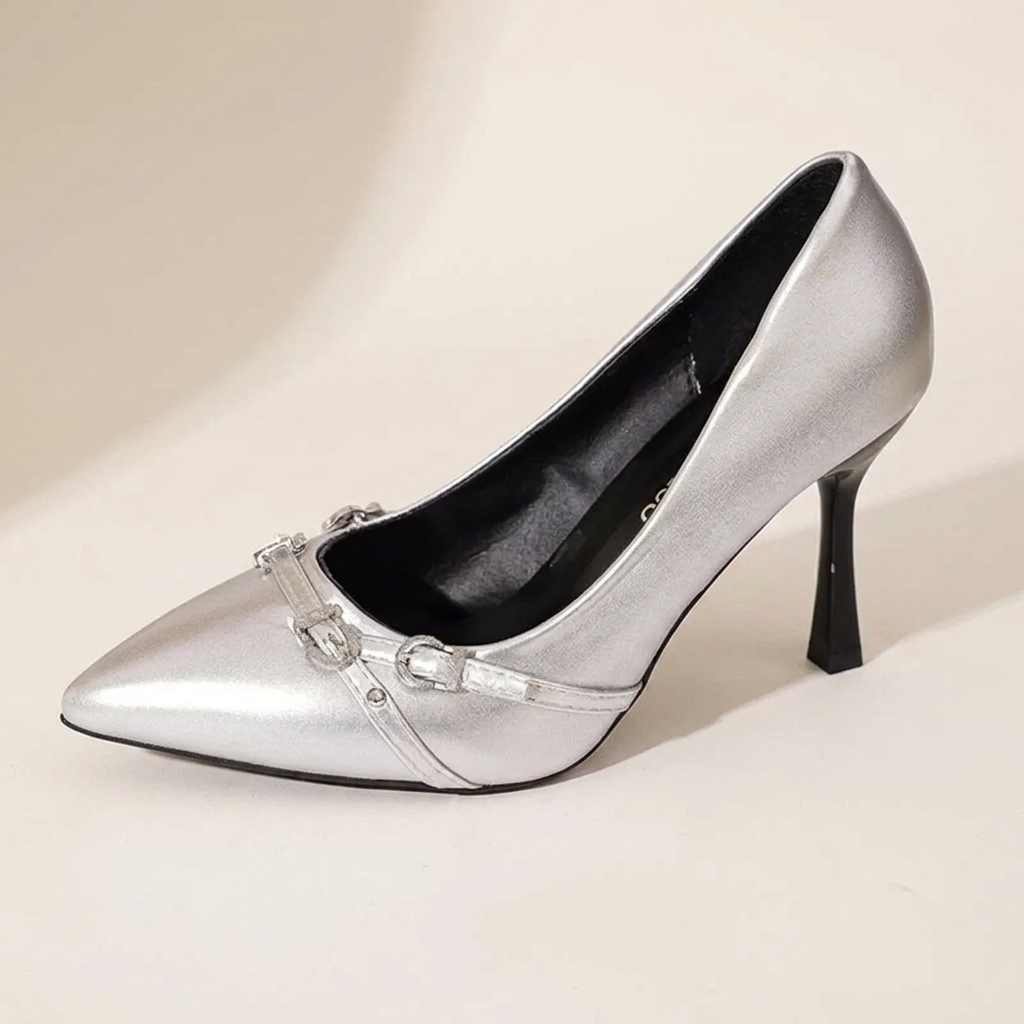 VelouraAvenue Point Toe High Heels Pumps - Silver - Single Front