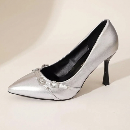 VelouraAvenue Point Toe High Heels Pumps - Silver - Single Front