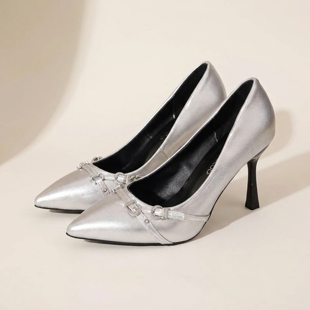 VelouraAvenue Point Toe High Heels Pumps - Silver - Front