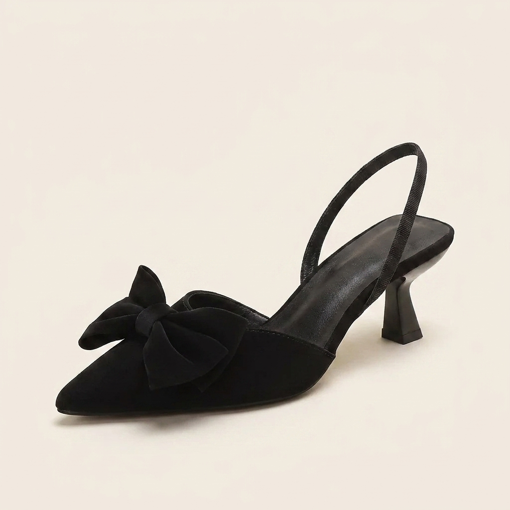VelouraAvenue Bow Point Toe Kitten Heels Pumps - Black - Single Front