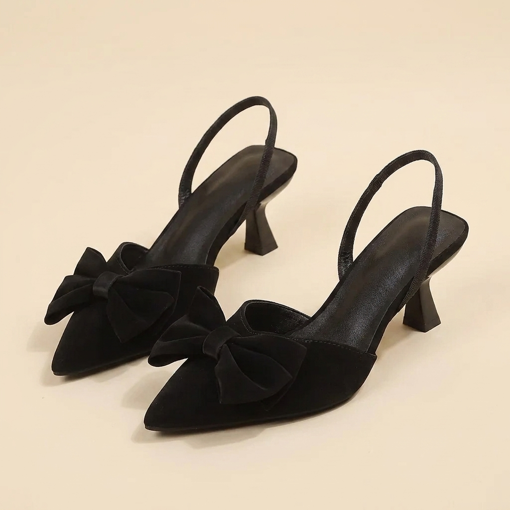 VelouraAvenue Bow Point Toe Kitten Heels Pumps - Black - Front