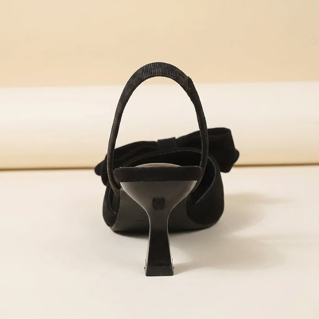 VelouraAvenue Bow Point Toe Kitten Heels Pumps - Black - Back