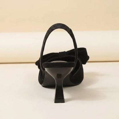 VelouraAvenue Bow Point Toe Kitten Heels Pumps - Black - Back