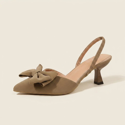 VelouraAvenue Bow Point Toe Kitten Heels Pumps - Khaki - Single Front