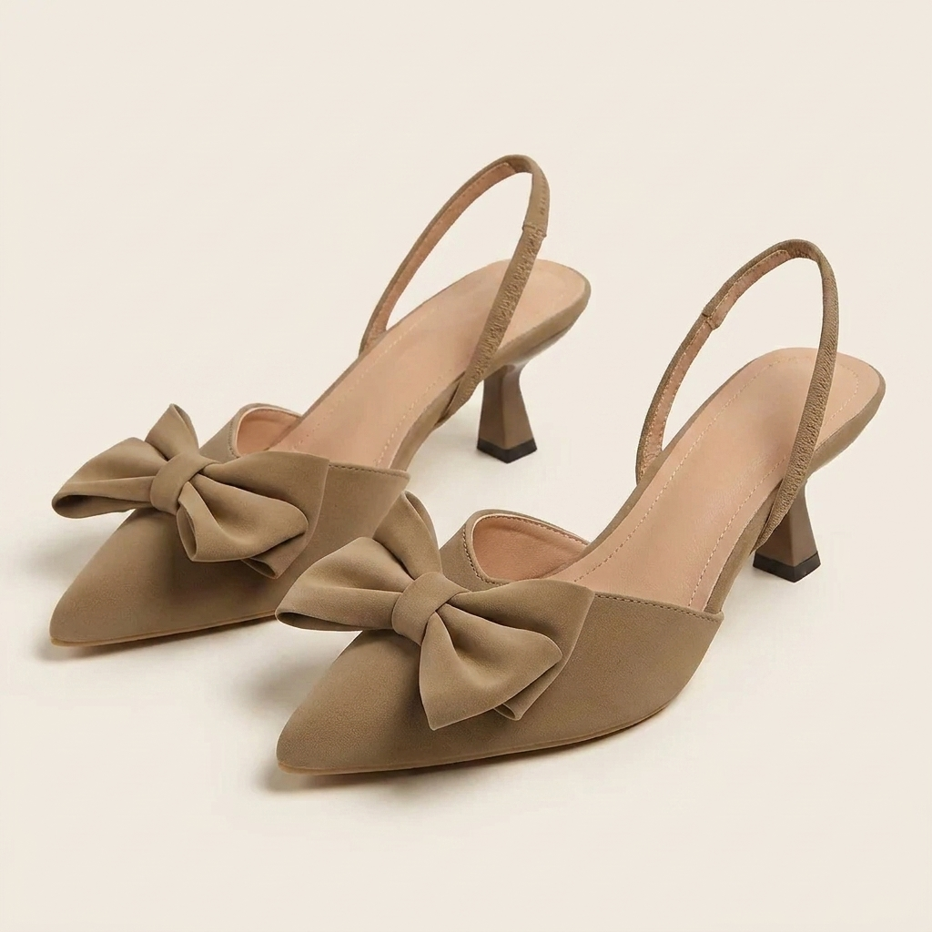 VelouraAvenue Bow Point Toe Kitten Heels Pumps - Khaki - Front