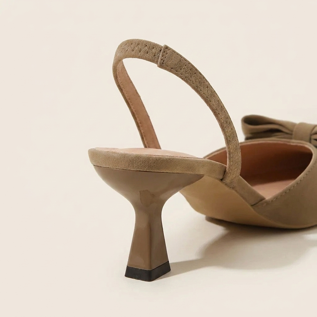 VelouraAvenue Bow Point Toe Kitten Heels Pumps - Khaki - Back
