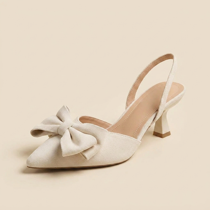 VelouraAvenue Bow Point Toe Kitten Heels Pumps - Beige - Single Front