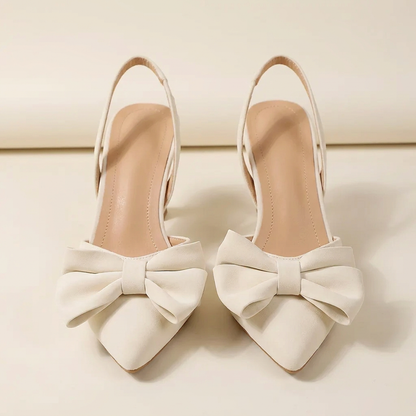 VelouraAvenue Bow Point Toe Kitten Heels Pumps - Beige - Front