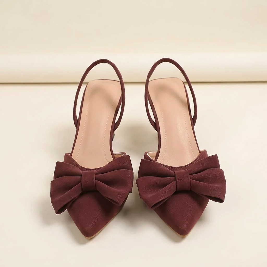 VelouraAvenue Bow Point Toe Kitten Heels Pumps - Red - Front
