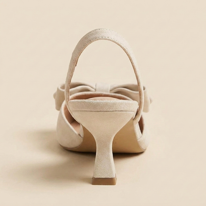 VelouraAvenue Bow Point Toe Kitten Heels Pumps - Beige - Back