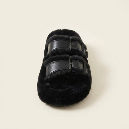 VelouraAvenue Fuzzy Buckle Detail Slippers - Black - Single Front