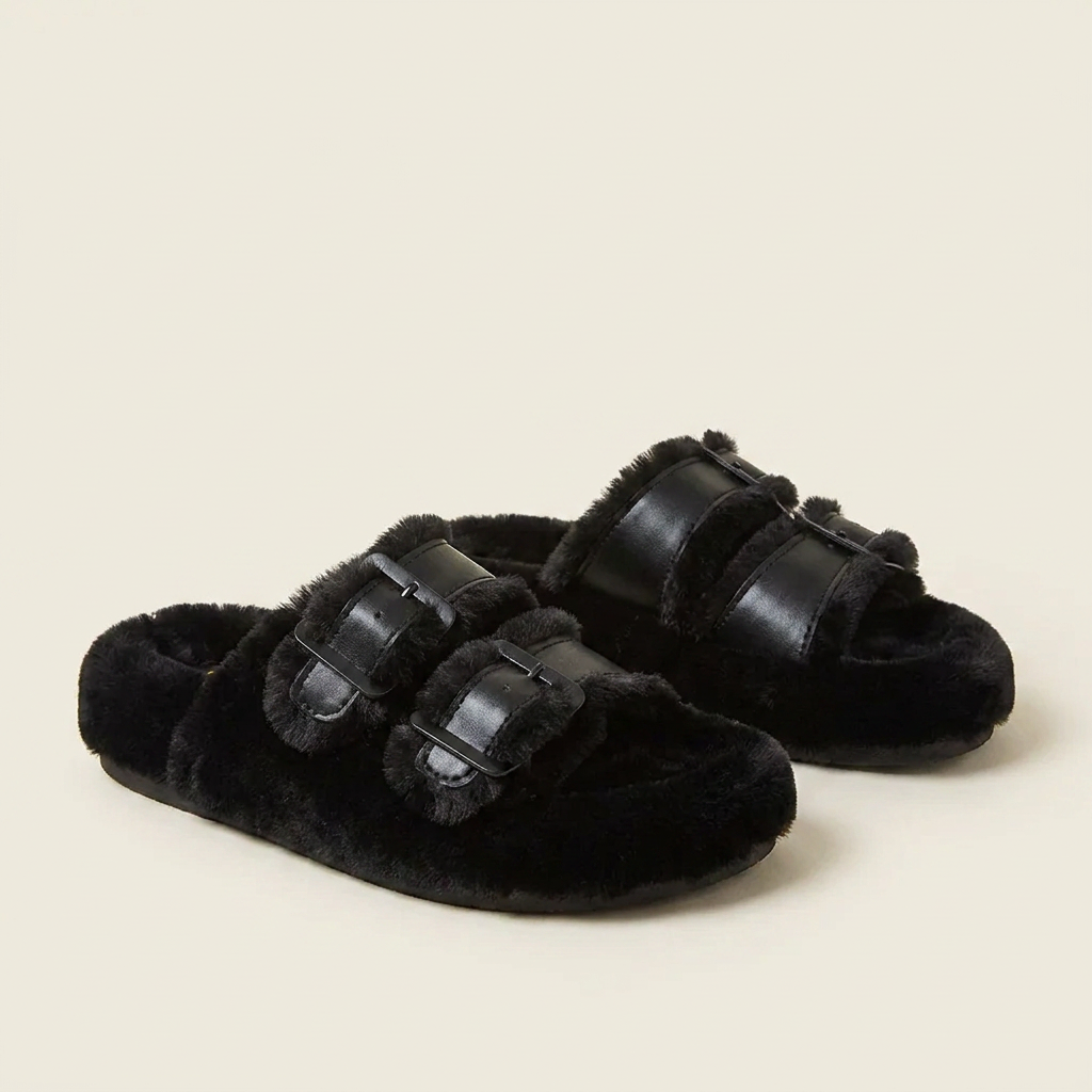 VelouraAvenue Fuzzy Buckle Detail Slippers - Black - Front