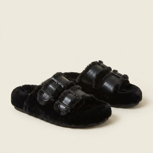 VelouraAvenue Fuzzy Buckle Detail Slippers - Black - Front