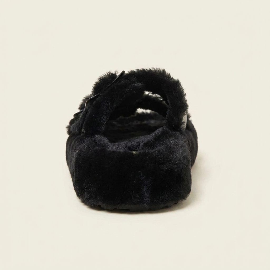 VelouraAvenue Fuzzy Buckle Detail Slippers - Black - Back