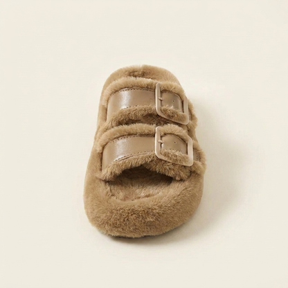 VelouraAvenue Fuzzy Buckle Detail Slippers - Khaki - Single Front