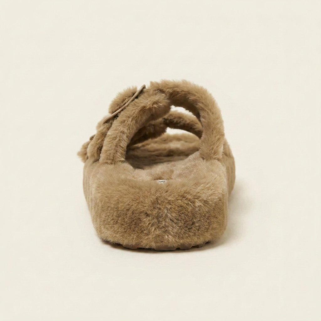 VelouraAvenue Fuzzy Buckle Detail Slippers - Khaki - Back
