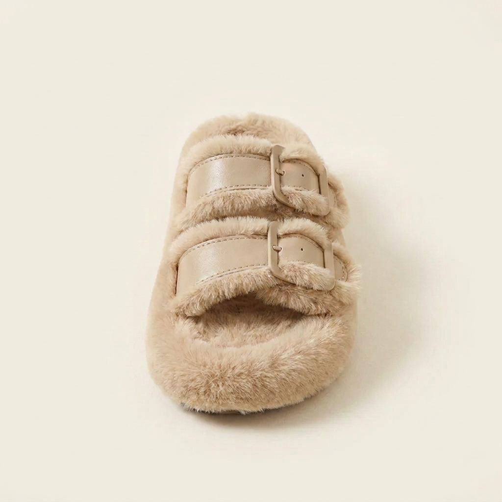 VelouraAvenue Fuzzy Buckle Detail Slippers - Beige - Single Front