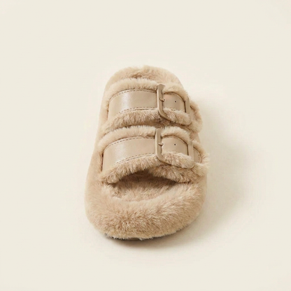 VelouraAvenue Fuzzy Buckle Detail Slippers - Beige - Single Front