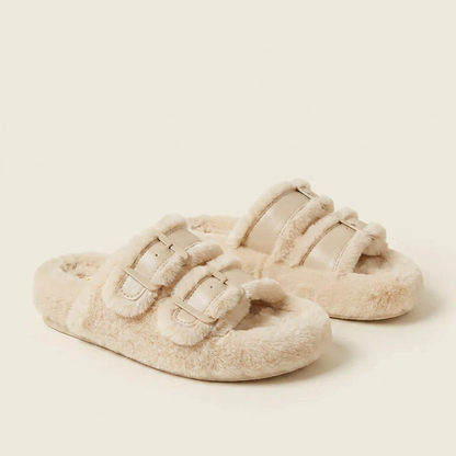VelouraAvenue Fuzzy Buckle Detail Slippers - Beige - Front