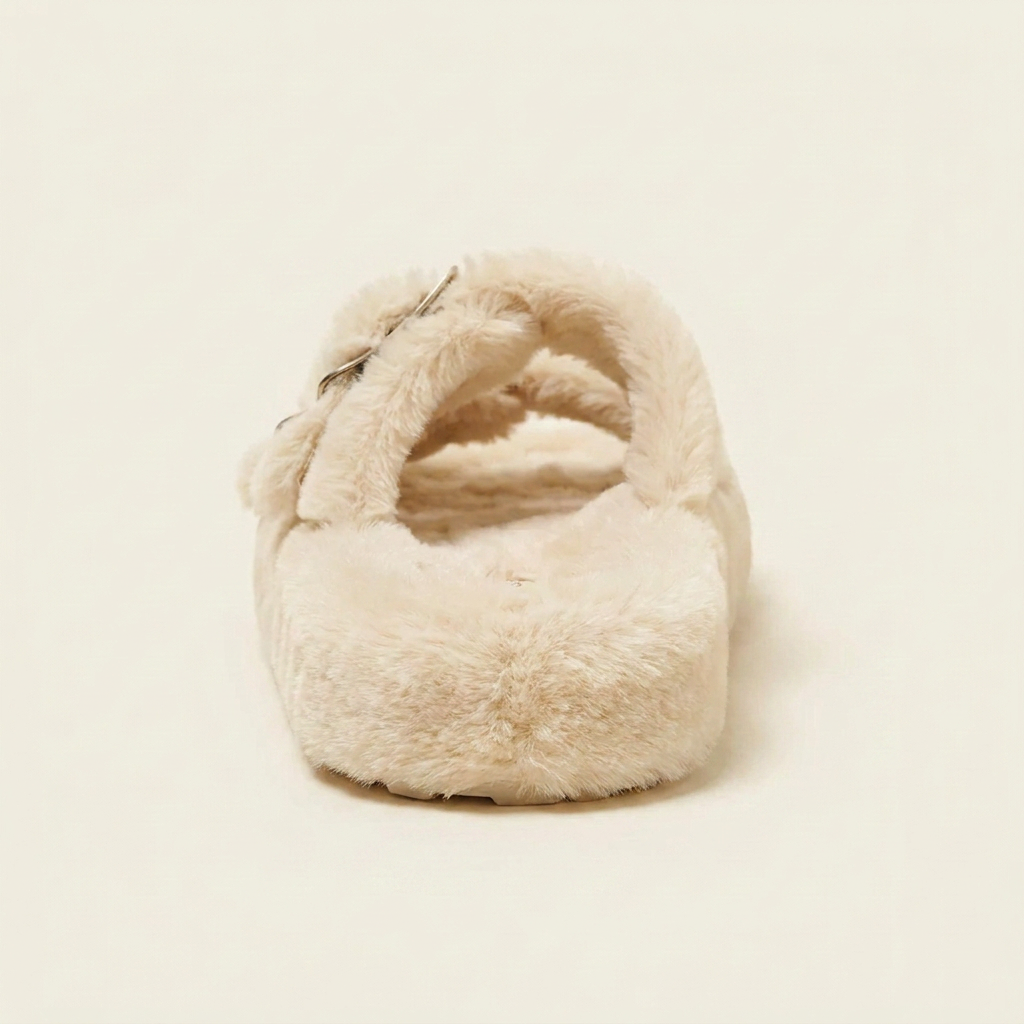 VelouraAvenue Fuzzy Buckle Detail Slippers - Beige - Back