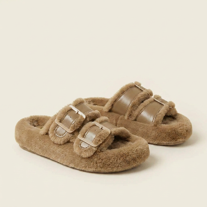 VelouraAvenue Fuzzy Buckle Detail Slippers - Khaki - Front
