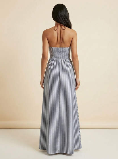 Striped Halter Maxi Dress — Navy Blue Back