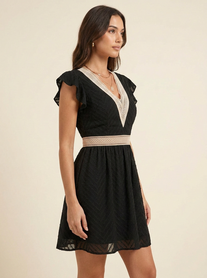 V-Neck Ruffle Mini Dress — Black Side